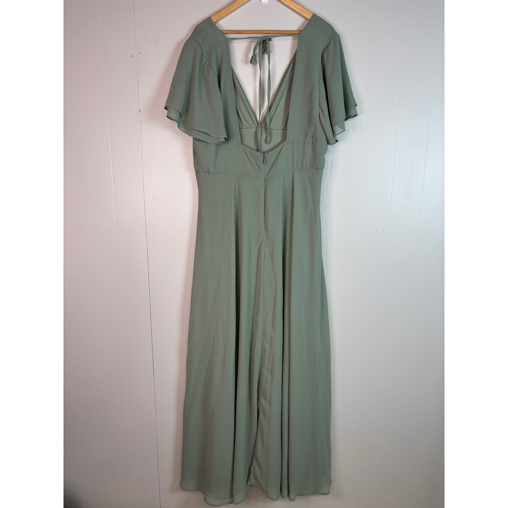Lulus Maxi Dress 2X Sage Green Flutter Sleeve Deep V-Neck High Slit Bridesmaid - Picture 5 of 9